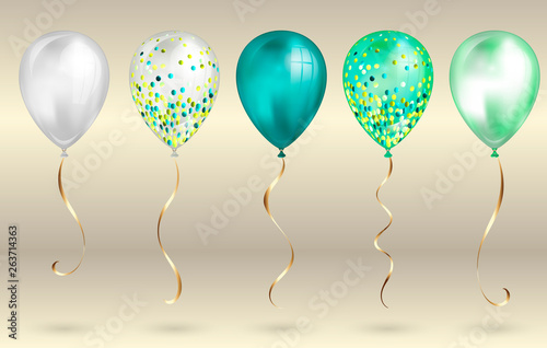 Set of 5 shiny realistic 3D teal helium balloons for your design. Glossy balloons with glitter and gold ribbon, perfect decoration for birthday party brochures, invitation card or baby shower
