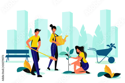 City park landscaping. Spring, summer outdoor works. Team of volunteer planting in town garden. Vector flat illustration