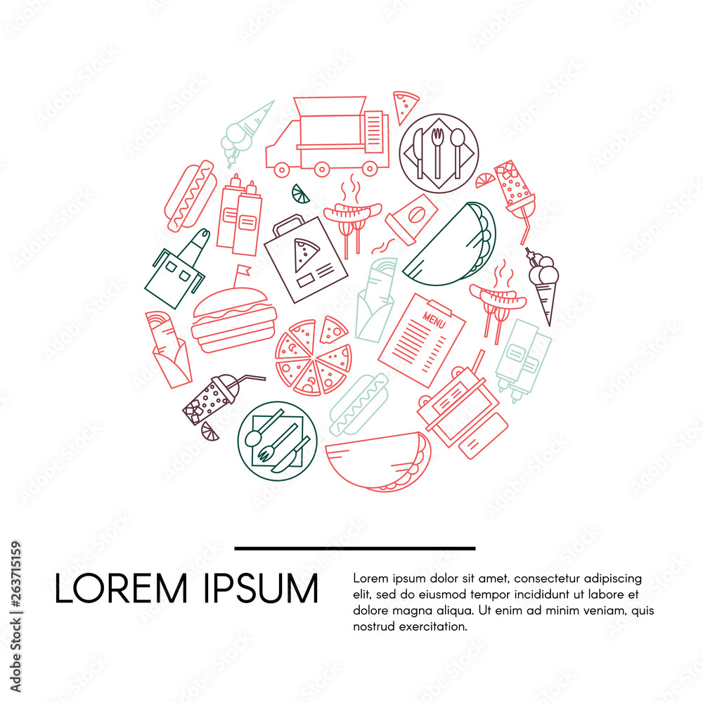 Fototapeta premium Fast food icons circle with text template. Outline vector illustration.