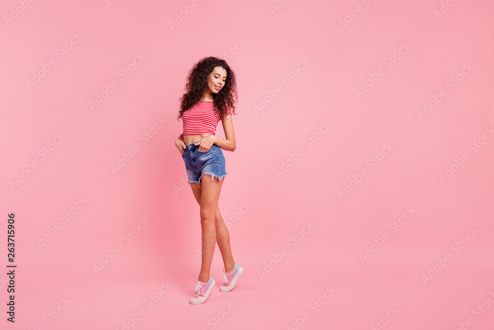 Full length size body photo portrait of confident excited tender gentle romantic she her lady having calm day good mood holding hands in pockets isolated pastel background