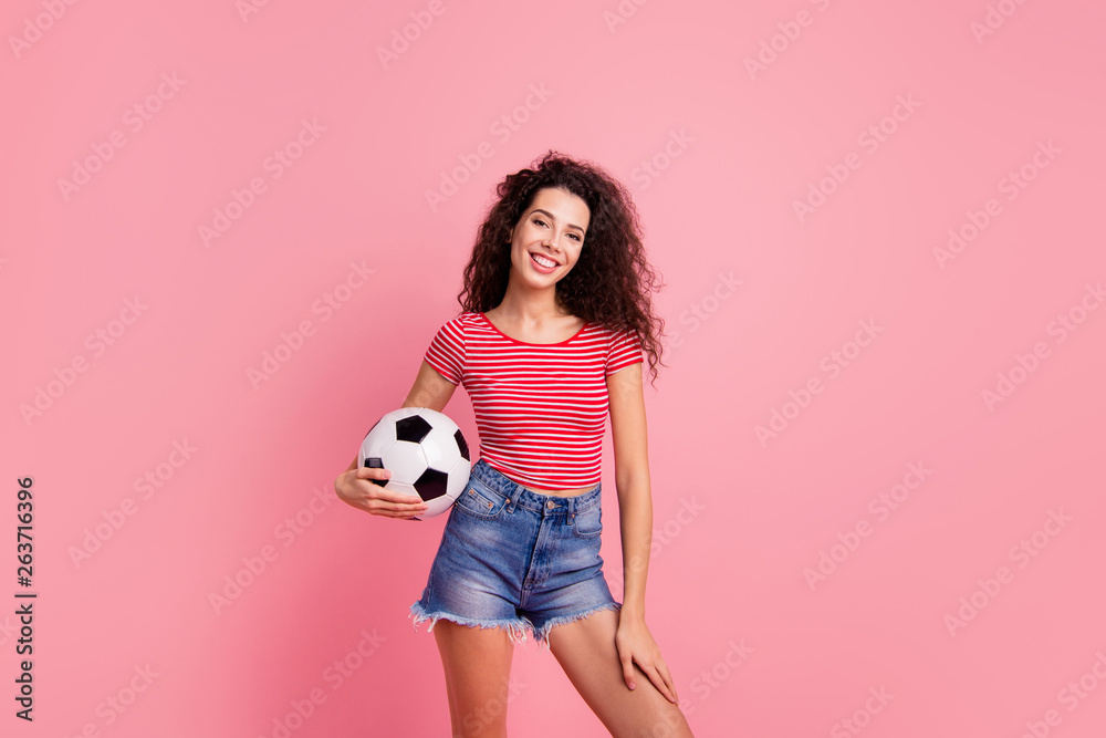 Portrait of her she nice-looking attractive lovely charming cheerful cheery confident wavy-haired girl holding in hands ball isolated over pink pastel background Portrait of her she nice-looking attractive lovely charming cheerful cheery confident wavy-haired girl holding in hands ball isolated over pink pastel background