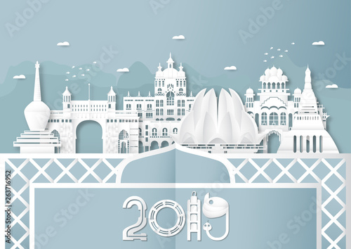 April 03, 2019: Top famous landmark and building of India country for travel and tour. Vector illustration design in paper cut and craft style on blue background.