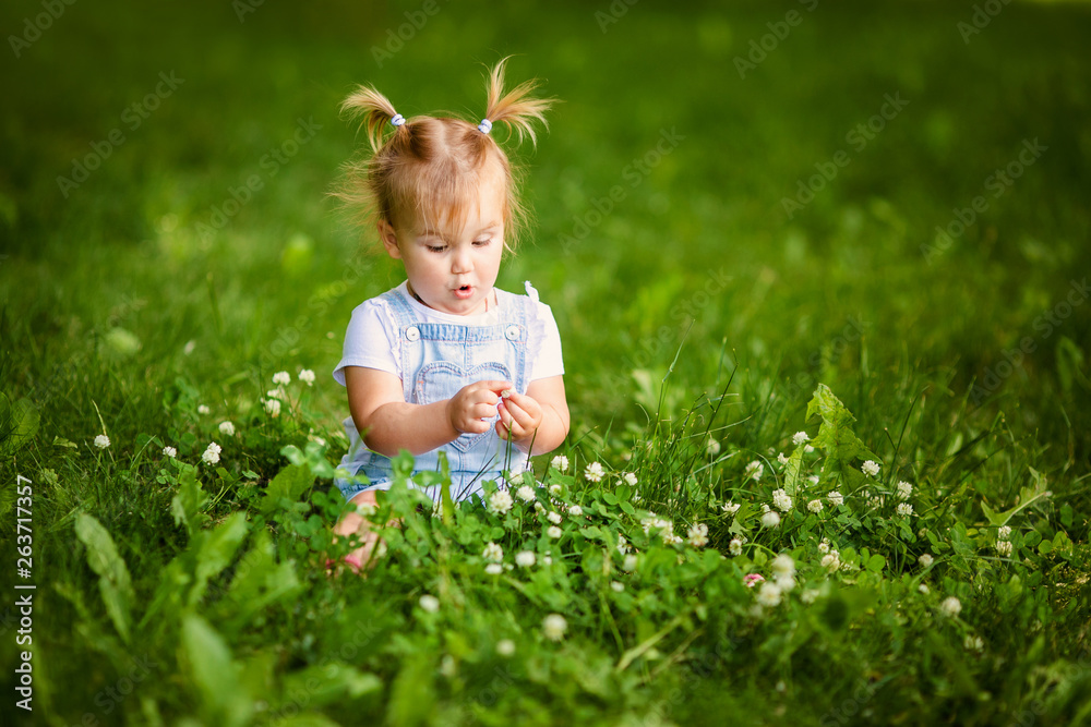 Portrait of adorable little blonde girl lying on grass and propping up her face at summer green park. Baby girl with white flowers Portrait of adorable little blonde girl lying on grass and propping up her face at summer green park. Baby girl with white flowers