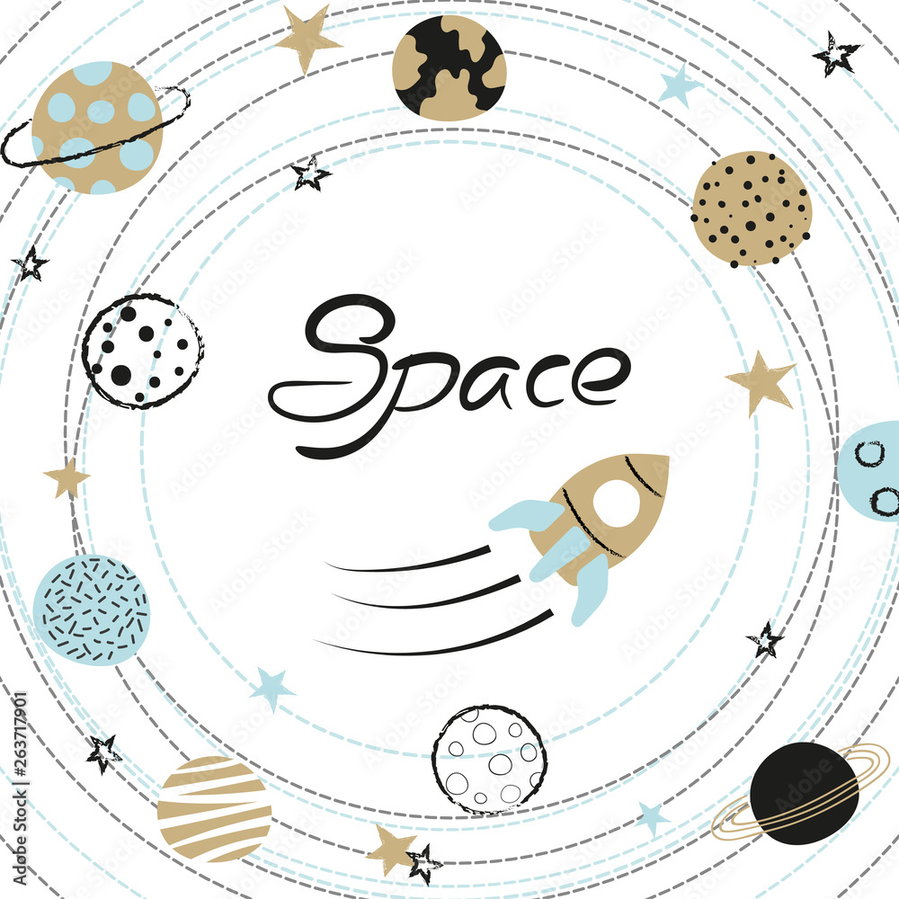 Obraz premium Space kids vector illustration with hand drawn planets and rocket.