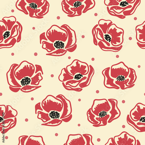 Seamless doodle poppies pattern. Vector floral background.