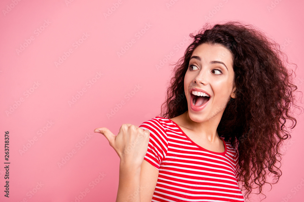Close-up portrait of her she nice-looking lovely winsome sweet fascinating attractive charming cute girlish cheerful cheery wavy-haired lady showing aside copy space isolated over pink background Close-up portrait of her she nice-looking lovely winsome sweet fascinating attractive charming cute girlish cheerful cheery wavy-haired lady showing aside copy space isolated over pink background