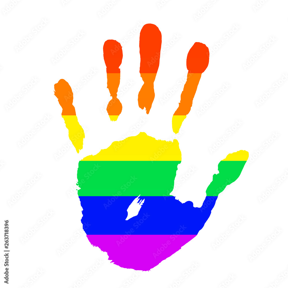 Palm with rainbow colors of LGBT flag isolated on white background. Concept stop homophobia, human rights observance, lesbian and gay. Handprint, arm symbol icon Pride day Palm with rainbow colors of LGBT flag isolated on white background. Concept stop homophobia, human rights observance, lesbian and gay. Handprint, arm symbol icon Pride day
