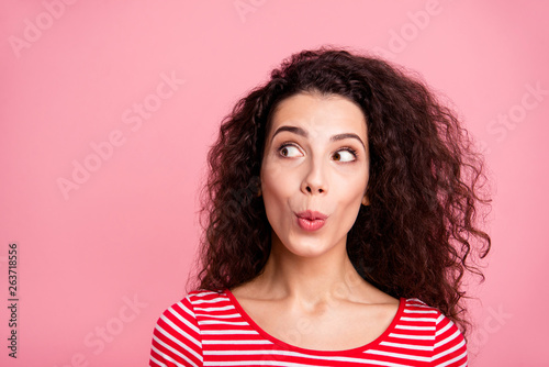 Closeup photo portrait of optimistic positive attractive pretty charming nice sincere glad comic she her lady girlfriend looking aside making choice isolated pastel background copyspace
