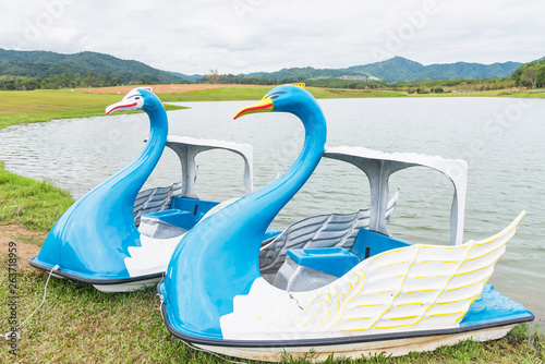 Fototapeta Naklejka Na Ścianę i Meble -  Swan boats Style on the lake in the Park with cloudy sky background.Thailand.