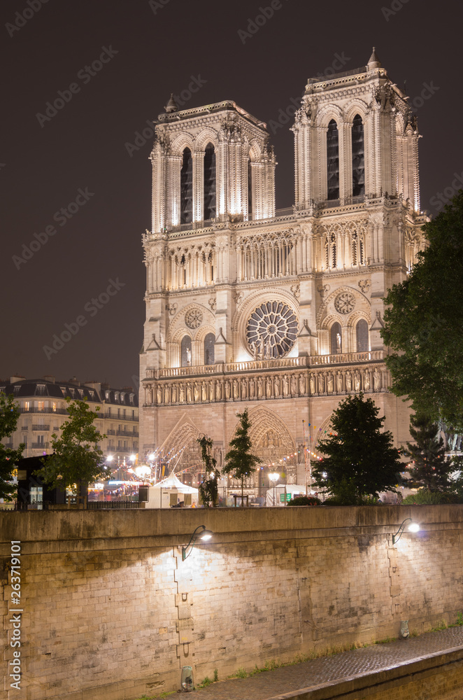 Notre Dame lit up at night