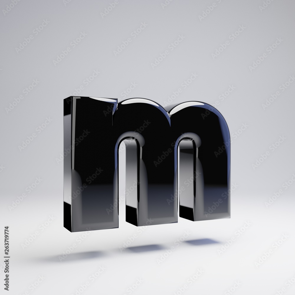 Volumetric glossy black lowercase letter M isolated on white background.