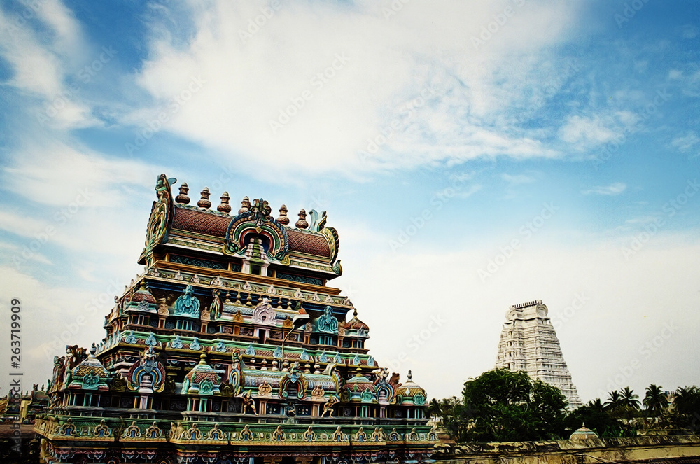 Entrance gateways or Gopuram in the Ranganathaswamy temple dedicated Shiva gog at Trichy in Tamil Nadu, India