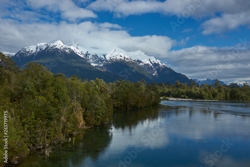 Rio Yelcho in the Aysen Region of southern Chile. Large body of fresh water surrounded by lush forest and snow capped mountains. © JeremyRichards