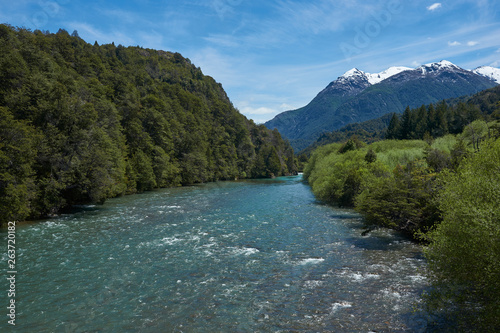 River Espolon flowing through a forested valley in Patagonia, southern Chile.