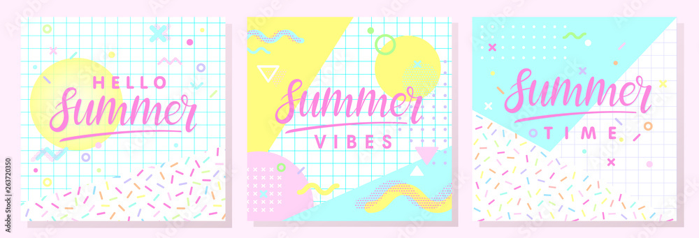 Fototapeta premium Set of artistic summer cards with bright background,pattern and geometric elements in memphis style.Abstract design templates perfect for prints,flyers,banners,invitations,covers,social media and more