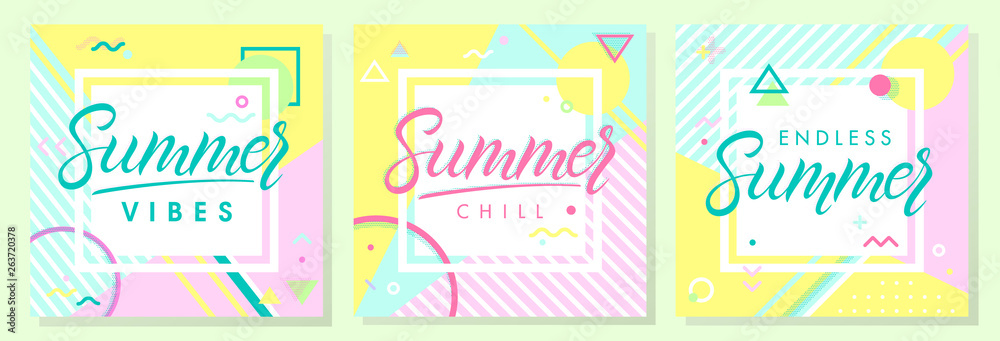 Set of summer cards in memphis style.Abstract design templates perfect for prints,flyers,banners,invitations,covers,social media and more.Summer vibes,summer chill,endless summer