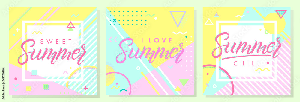 Set of artistic summer cards with bright background,pattern and geometric elements in memphis style.Abstract design templates perfect for prints,flyers,banners,invitations,covers,social media and more