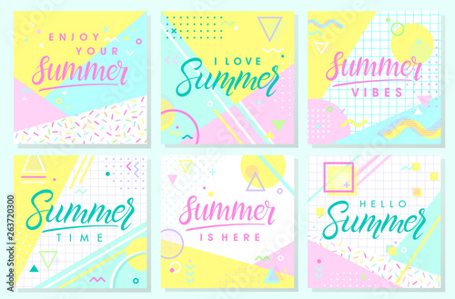 Set of artistic summer cards with bright background,pattern and geometric elements in memphis style.Abstract design templates perfect for prints,flyers,banners,invitations,covers,social media and more photo