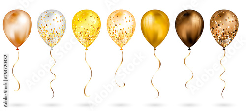 Set of 7 shiny gold realistic 3D helium balloons for your design. Glossy balloons with glitter and gold ribbon, perfect decoration for birthday party brochures, invitation card or baby shower