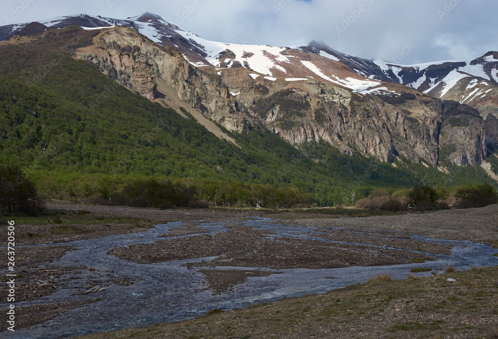 Shallow river running alongside the Carretera Austral as it passes through Cerro Castillo National Reserve in northern Patagonia, Chile