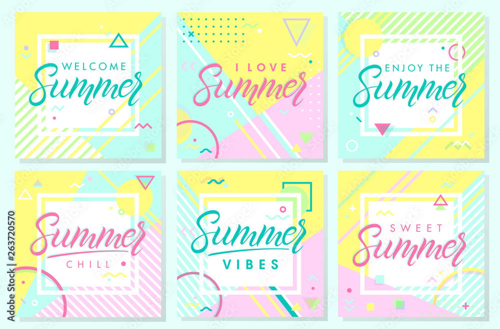 Set of artistic summer cards with bright background,pattern and geometric elements in memphis style.Abstract design templates perfect for prints,flyers,banners,invitations,covers,social media and more