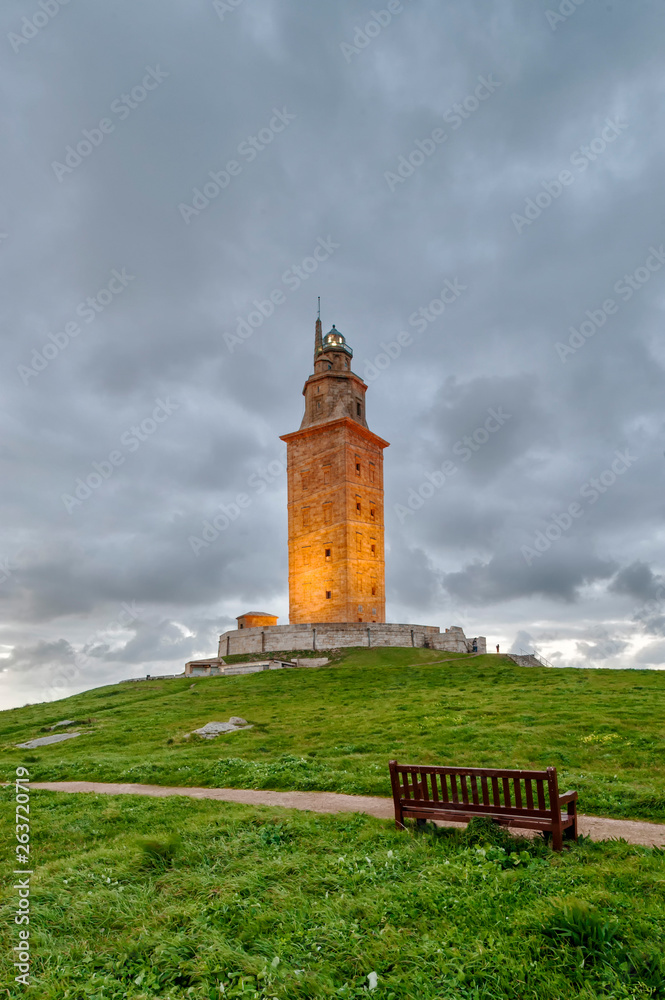 view of the Tower of Hercules from a bench