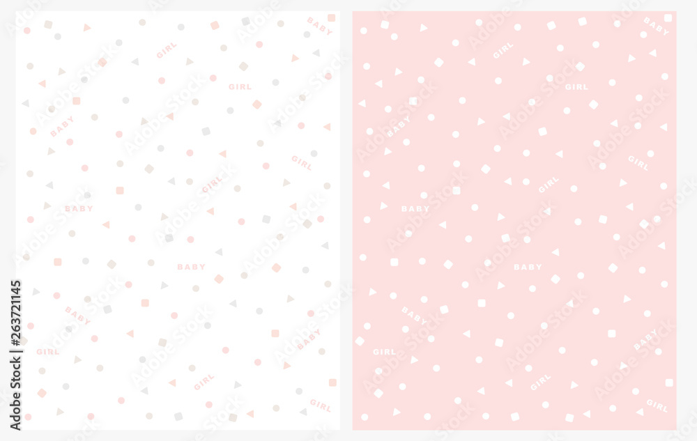 Lovely Abstract Geometric Vector Pattern with Confetti Rain. Pink and Gray Dots, Triangles and Squares Isolated on a White Background. Cute Baby Girl Party Decoration. White Confetti on a Pink Layout.