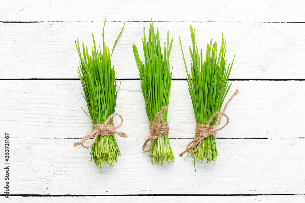 Green sprouted wheat. Micro Green. Healthy food. Top view. Free space for your text. Green sprouted wheat. Micro Green. Healthy food. Top view. Free space for your text.