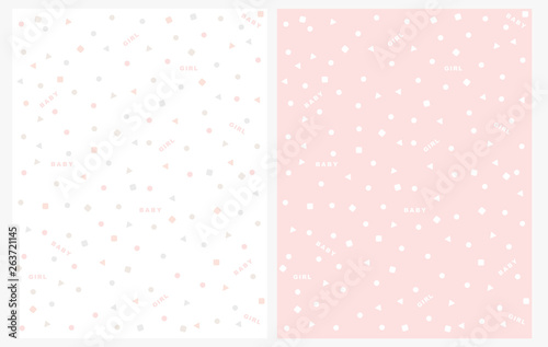 Fototapeta Naklejka Na Ścianę i Meble -  Lovely Abstract Geometric Vector Pattern with Confetti Rain. Pink and Gray Dots, Triangles and Squares Isolated on a White Background. Cute Baby Girl Party Decoration. White Confetti on a Pink Layout.