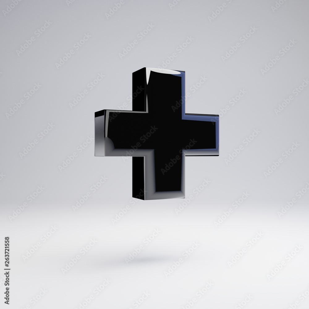 Fototapeta premium Volumetric glossy black plus symbol isolated on white background.