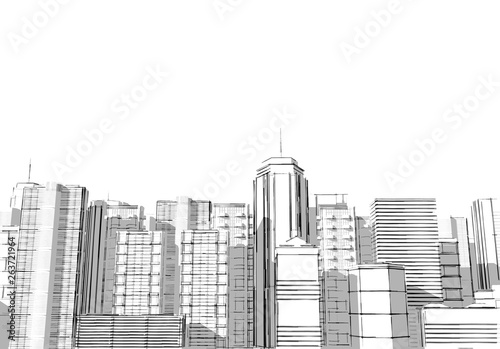 City buildings panorama .Architectural design of houses .Technical project of the town .3D rendering - Illustration .