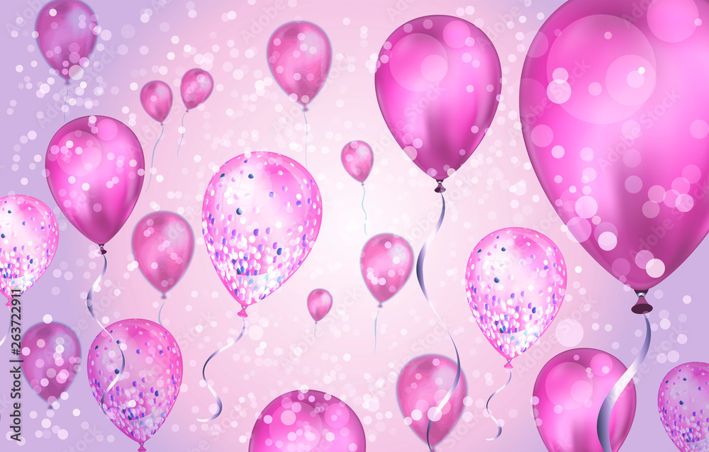 Elegant Pink Flying helium Balloons with Bokeh Effect and glitter. Wedding, Birthday and Anniversary Background. Vector illustration for invitation card, party brochure, banner