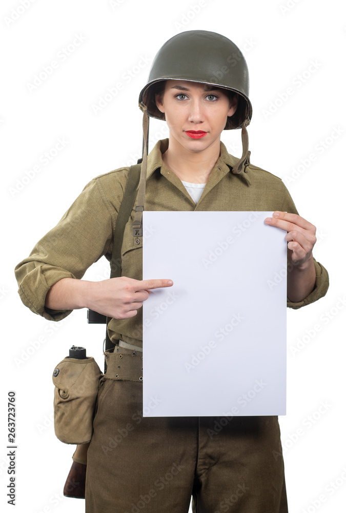 young woman dressed in American ww2 military uniform showing empty blank signboard young woman dressed in American ww2 military uniform showing empty blank signboard