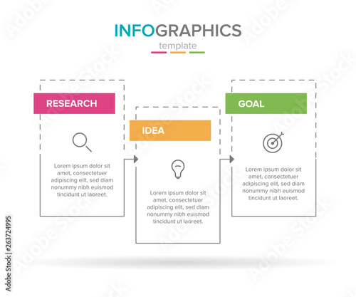 Vector infographic label template with icons. 3 options or steps. Research, idea and goal. Infographics for business concept. Can be used for info graphics, flow charts, presentations, web sites.
