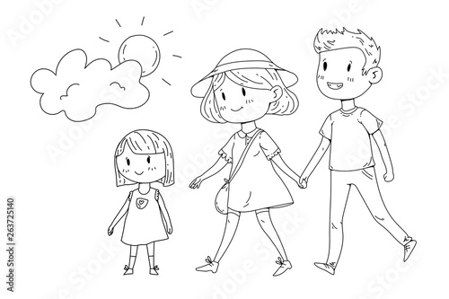 Young happy family walking in park with little children