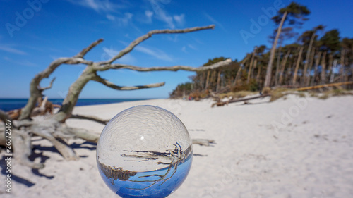 Wunderschöner weißer Ostsee-Strand auf dem Darß unter blauem Himmel in Glaskugel - Lensball Wallpaper