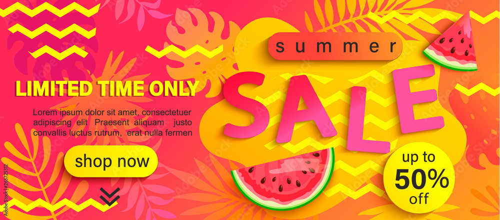 Summer Sale banner, hot season discount poster with tropical leaves for your design.Invitation for limited time shopping. 50 percent off special offer card, template for label,advertising badge,flyer.