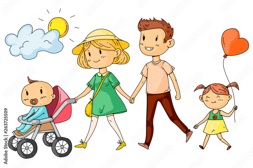 Young happy family walking in park with little children Young happy family walking in park with little children