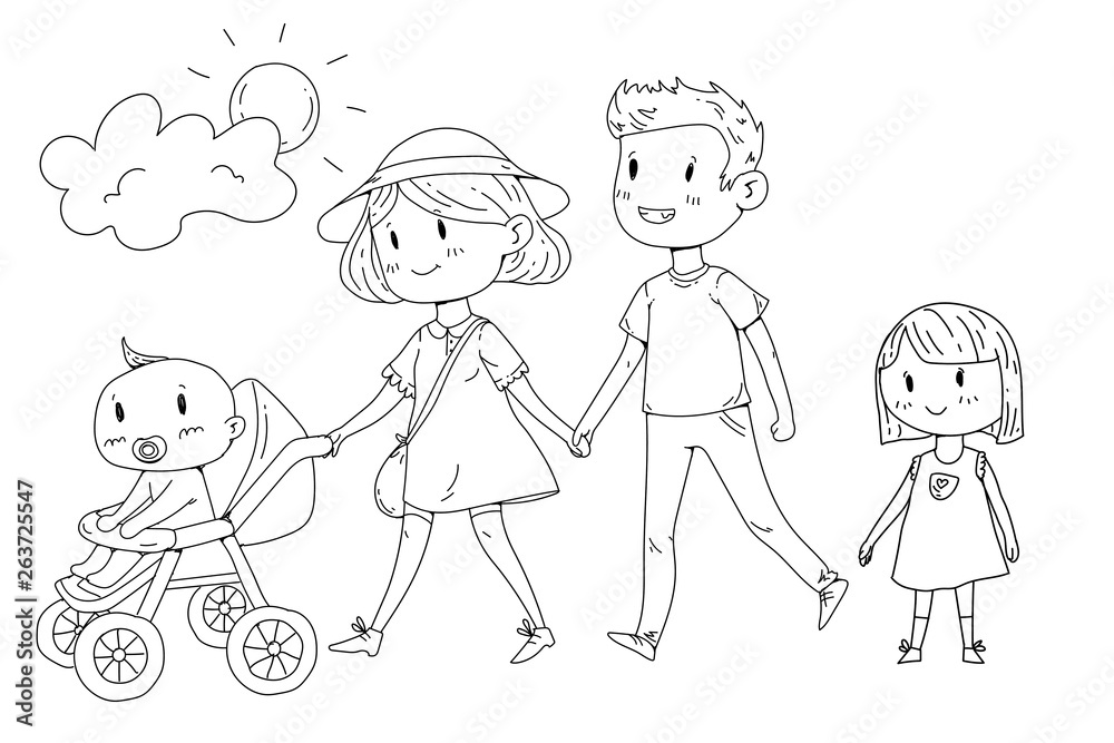 Young happy family walking in park with little children