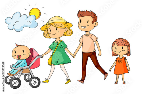Young happy family walking in park with little children