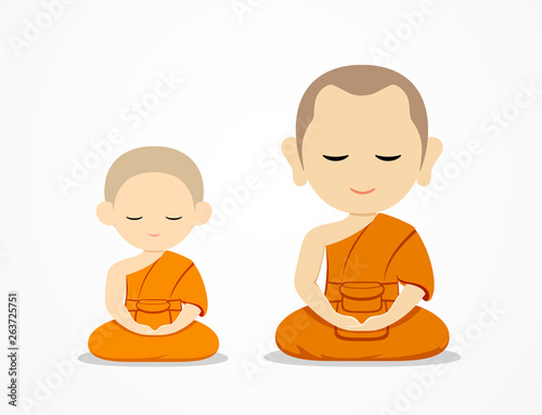 Vector Thailand Monks and novices meditate Buddhism, isolated on white background, illustration