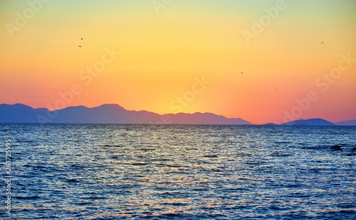 Bodrum  Turkey  Beautiful seascape at sunset over the sea with blue and pink pastel colors. Vacation Outdoors Seascape Summer Travel Concept