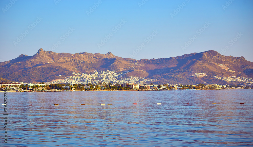  Bodrum, Turkey: Beautiful sea landscape with blue sky on sunny day. Vacation Outdoors Seascape Summer Travel Concept