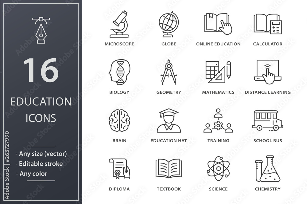 Education line icons set. Black vector illustration. Editable stroke. Education line icons set. Black vector illustration. Editable stroke.