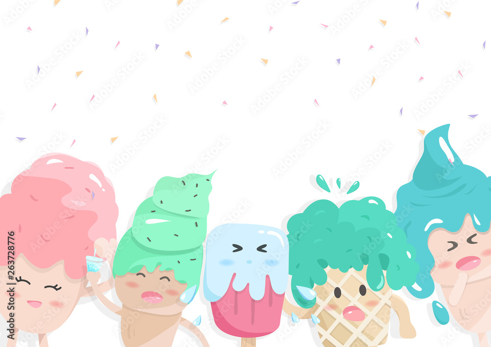 Cute ice cream cartoon carnival celebrate party in seasonal holiday, confetti falling vector background