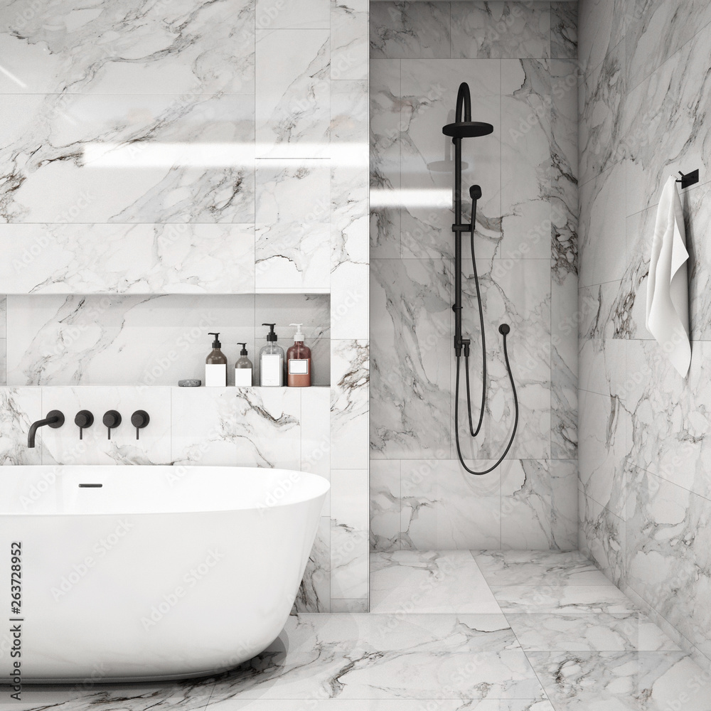 Modern Bathroom Interior design,trend design 2019 ,3d rendering ,3d illustration - obrazy, fototapety, plakaty 