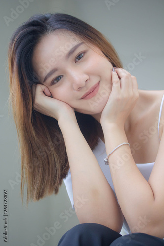 portrait of thai china adult office girl white shirt relax and smile