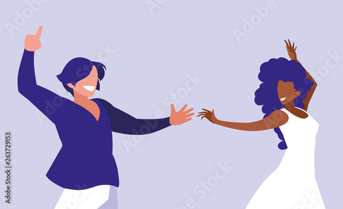 young interracial couple dancing characters