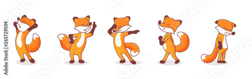 Set of five hand-drawn foxes. Animals' emotions. Sticker pack isolated on white background. Doing morning stretch, whistling fox, pointing to the sky, banishing someone and sad characters.
