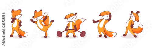 Set of five hand-drawn foxes. Animals' emotions. Sticker pack isolated on white background. Thoughtful, pumping iron, stretching, exercise, standing on one leg, and turned away characters.